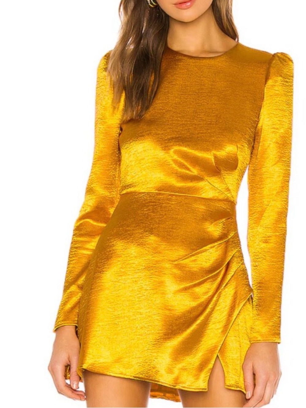 House of Harlow 1960 Krisha Long Sleeve Satin Mini Dress Yellow Gold Size Small